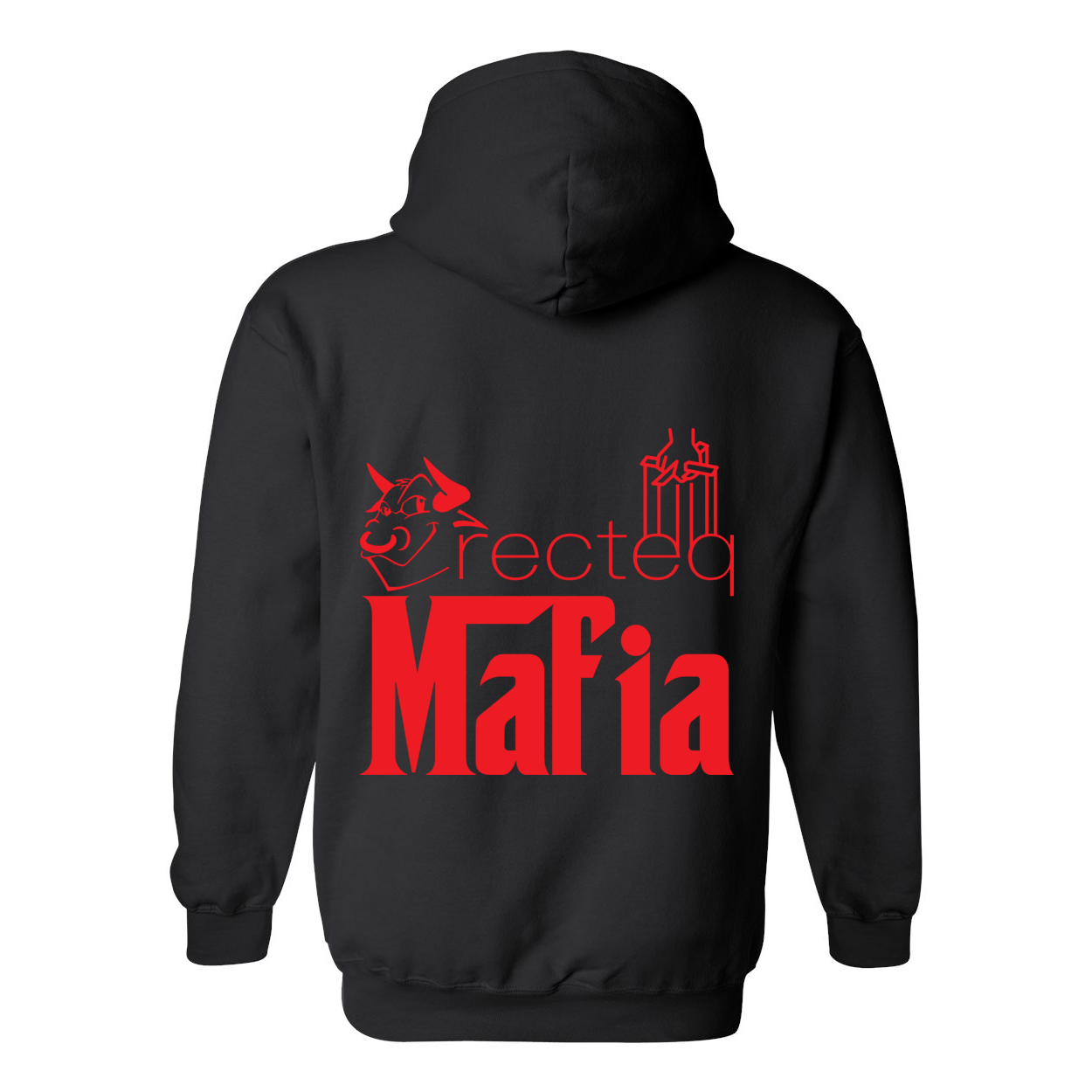 Mafia Front/Back Print Hoodie featuring a stylish design, double-lined hood, and front pouch pocket in vibrant colors.