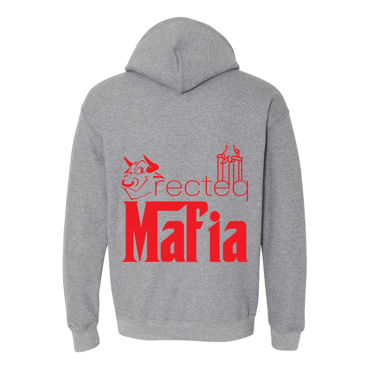 Mafia Front/Back Print Hoodie featuring a stylish design, double-lined hood, and front pouch pocket in vibrant colors.