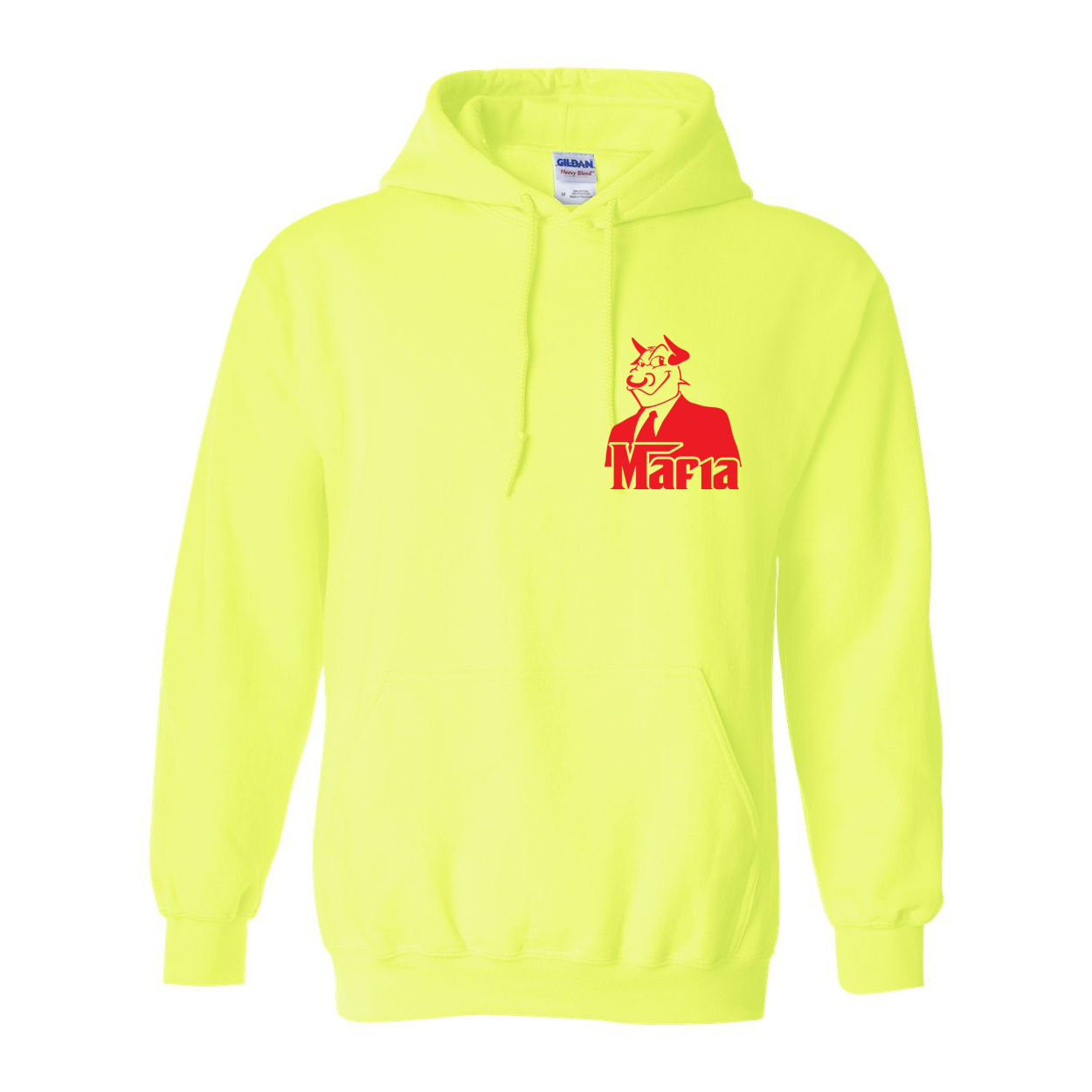 Mafia Front/Back Print Hoodie featuring a stylish design, double-lined hood, and front pouch pocket in vibrant colors.