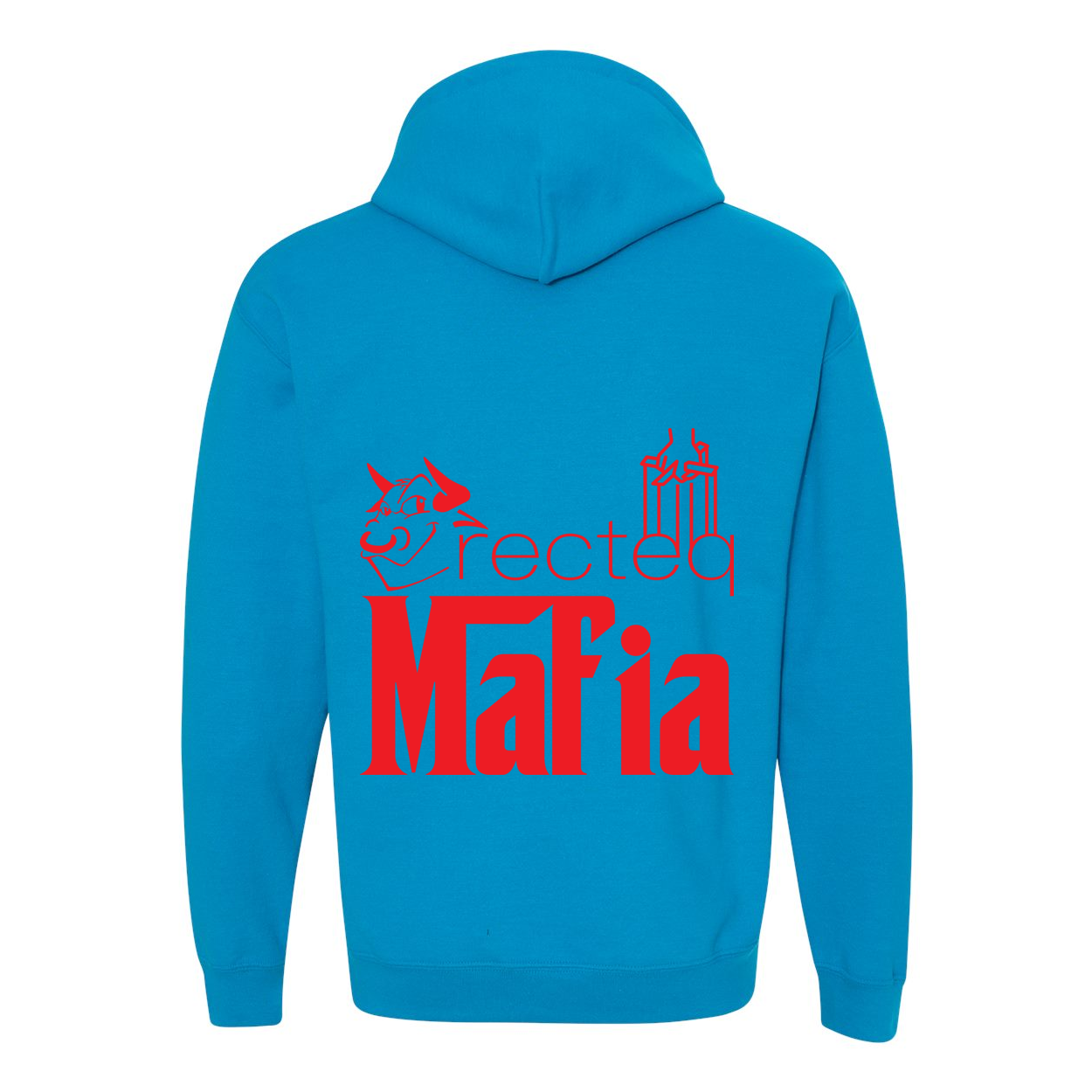 Mafia Front/Back Print Hoodie featuring a stylish design, double-lined hood, and front pouch pocket in vibrant colors.