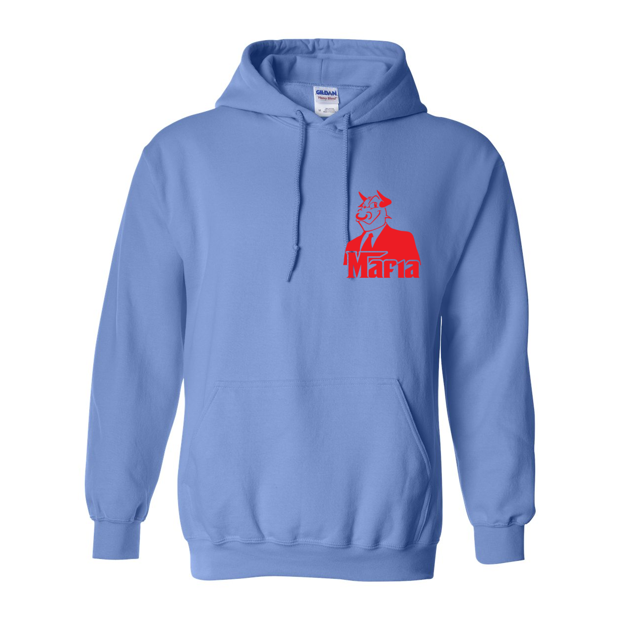 Mafia Front/Back Print Hoodie featuring a stylish design, double-lined hood, and front pouch pocket in vibrant colors.