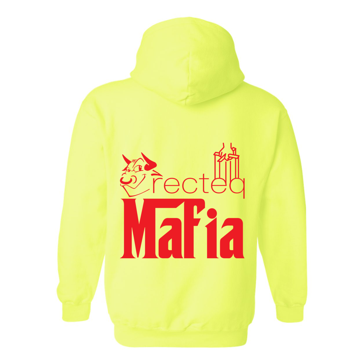 Mafia Front/Back Print Hoodie featuring a stylish design, double-lined hood, and front pouch pocket in vibrant colors.