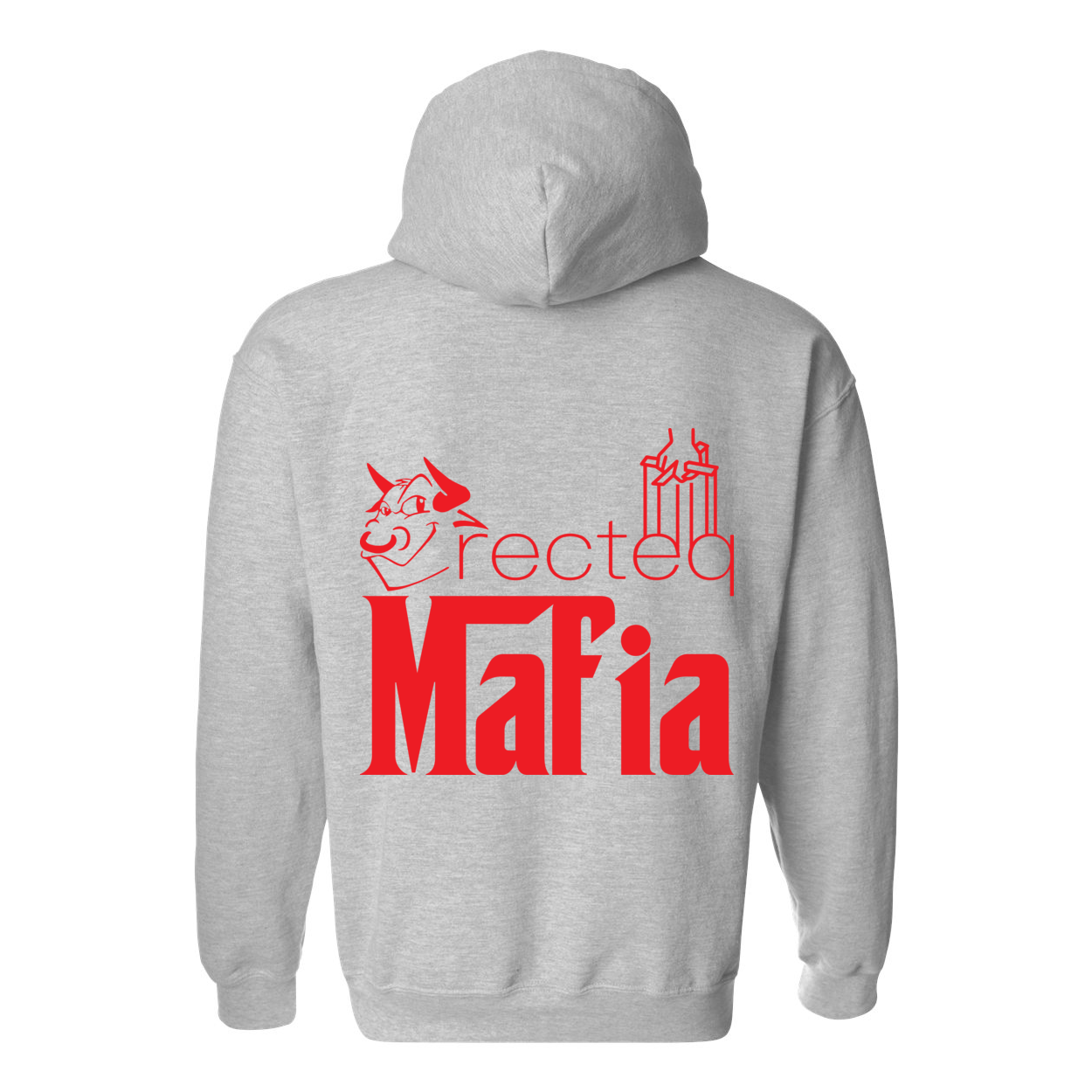 Mafia Front/Back Print Hoodie featuring a stylish design, double-lined hood, and front pouch pocket in vibrant colors.