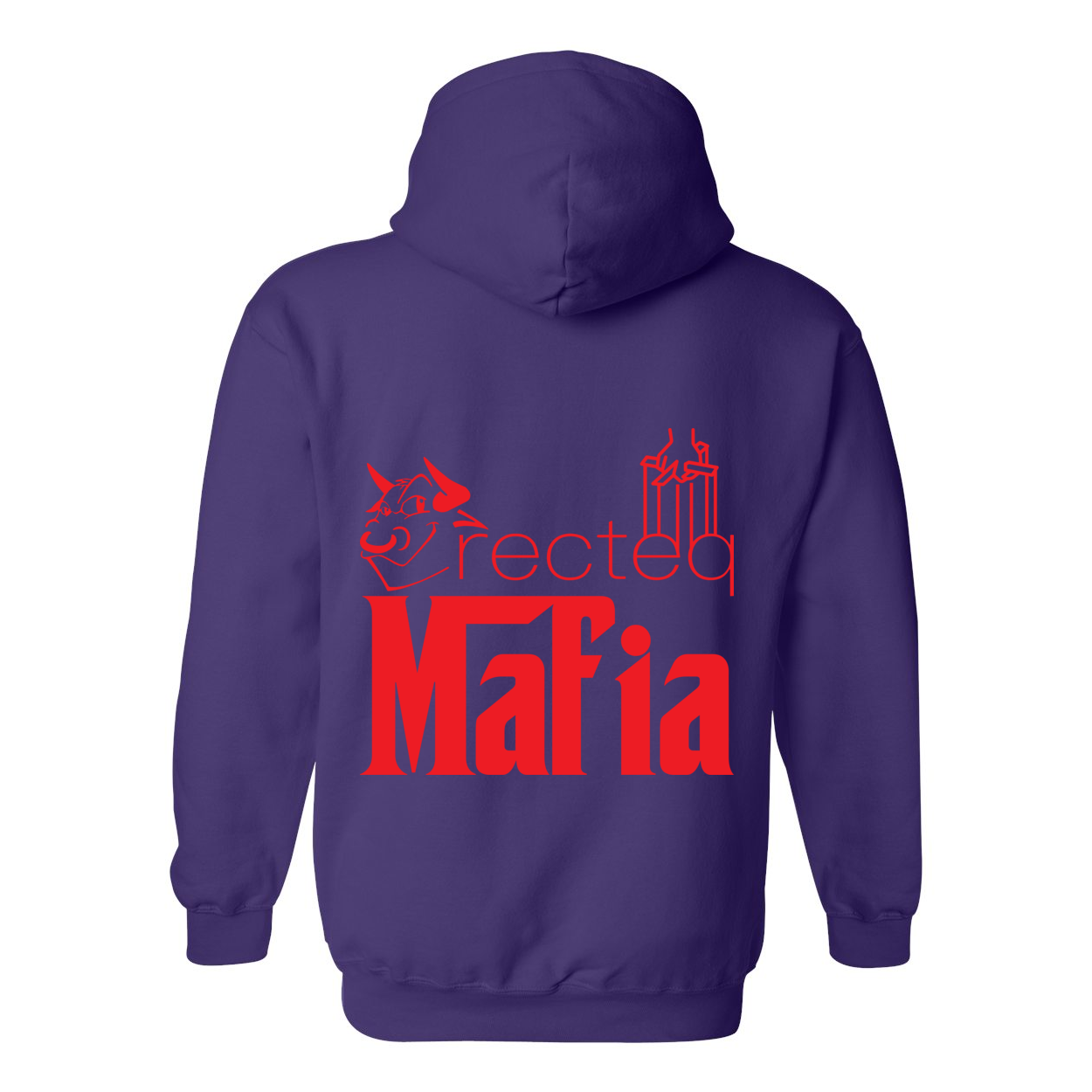 Mafia Front/Back Print Hoodie featuring a stylish design, double-lined hood, and front pouch pocket in vibrant colors.