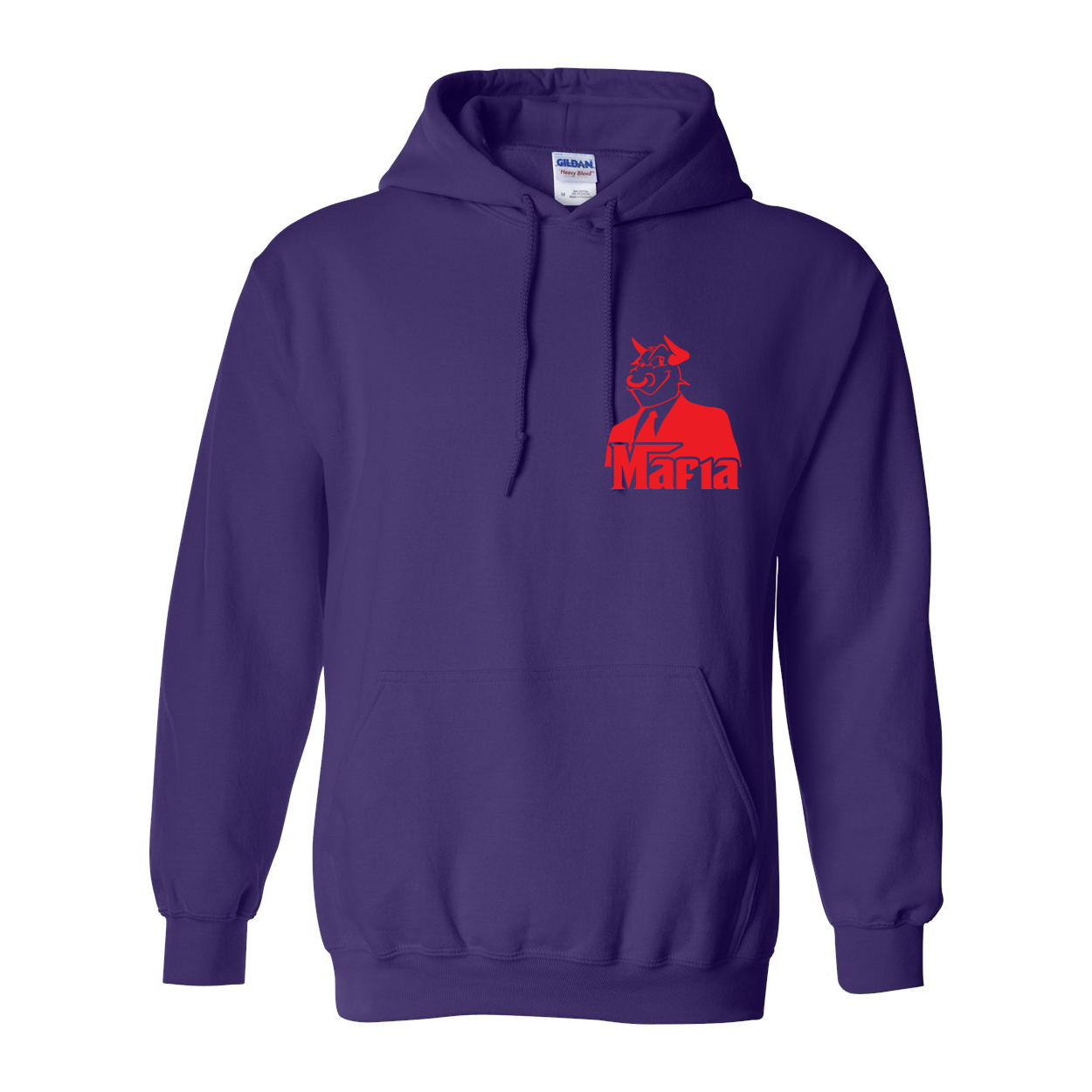 Mafia Front/Back Print Hoodie featuring a stylish design, double-lined hood, and front pouch pocket in vibrant colors.