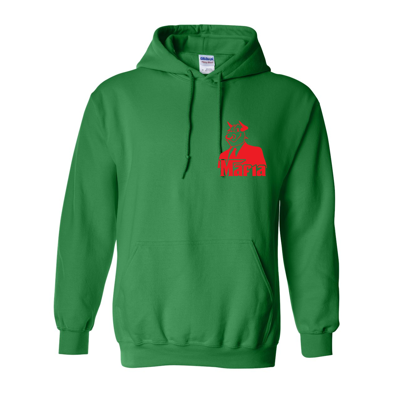 Mafia Front/Back Print Hoodie featuring a stylish design, double-lined hood, and front pouch pocket in vibrant colors.