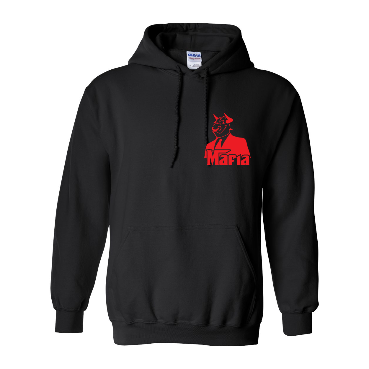 Mafia Front/Back Print Hoodie featuring a stylish design, double-lined hood, and front pouch pocket in vibrant colors.