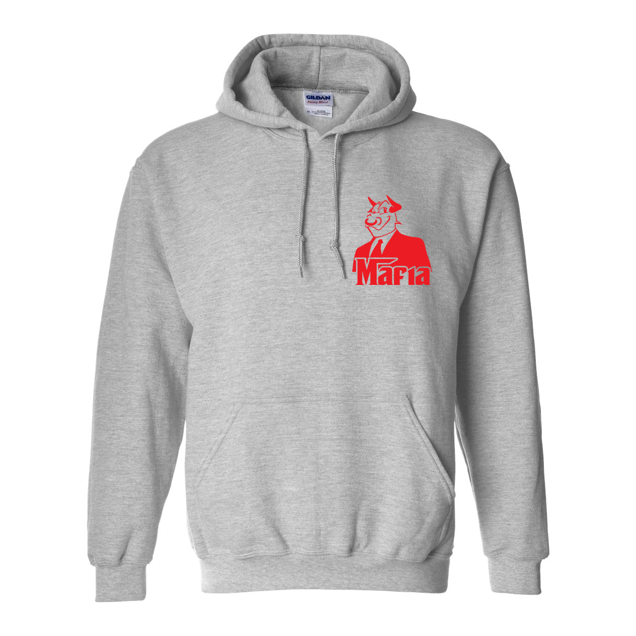 Mafia Front/Back Print Hoodie featuring a stylish design, double-lined hood, and front pouch pocket in vibrant colors.