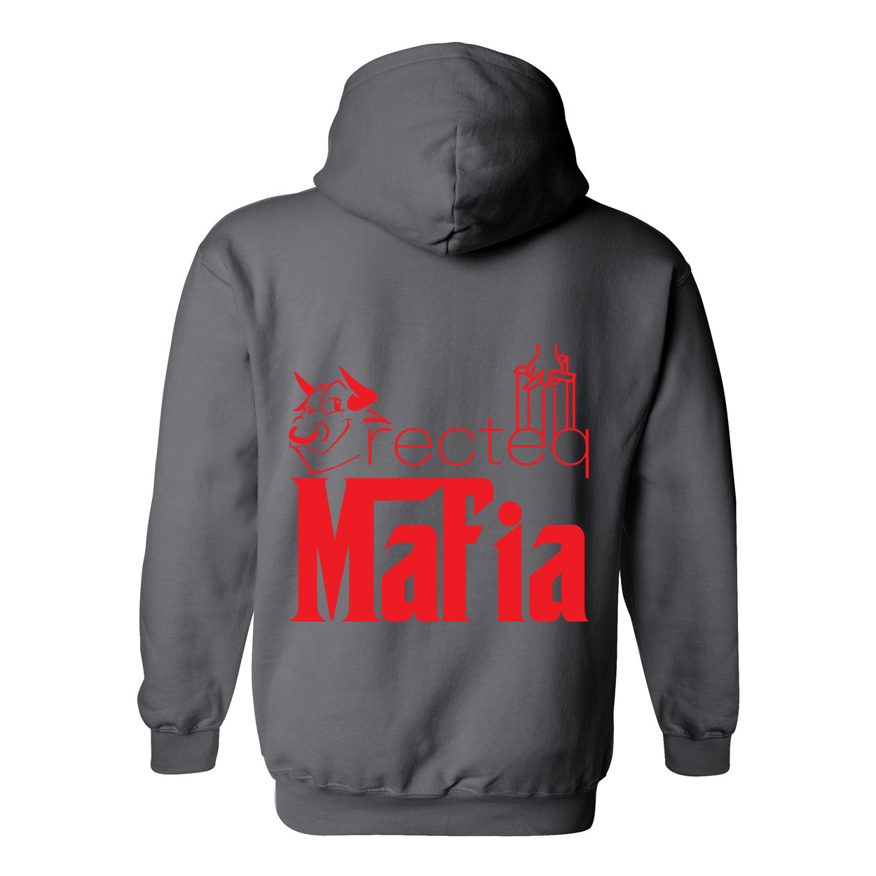 Mafia Front/Back Print Hoodie featuring a stylish design, double-lined hood, and front pouch pocket in vibrant colors.