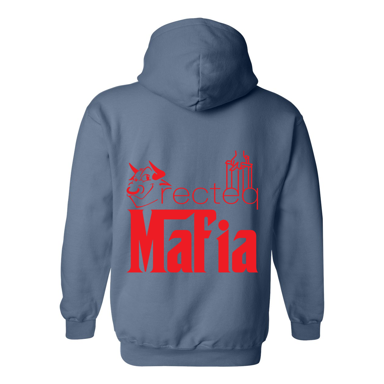 Mafia Front/Back Print Hoodie featuring a stylish design, double-lined hood, and front pouch pocket in vibrant colors.