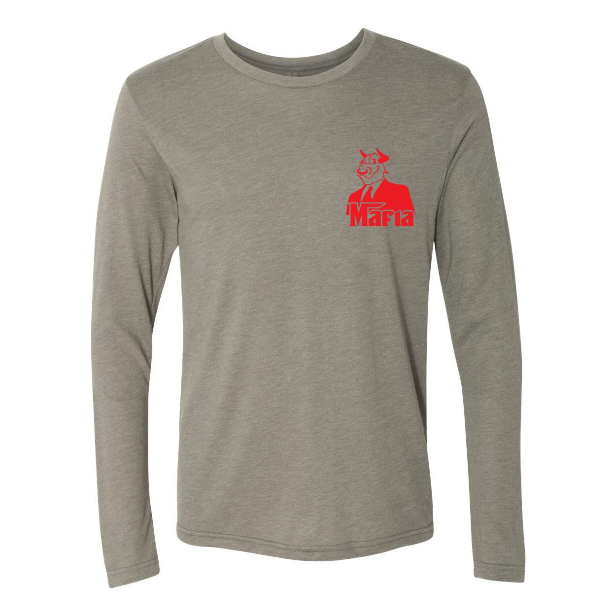 Mafia LS Front Corner/Full Back Red Print long-sleeve shirt featuring a stylish red graphic design on a soft triblend fabric.