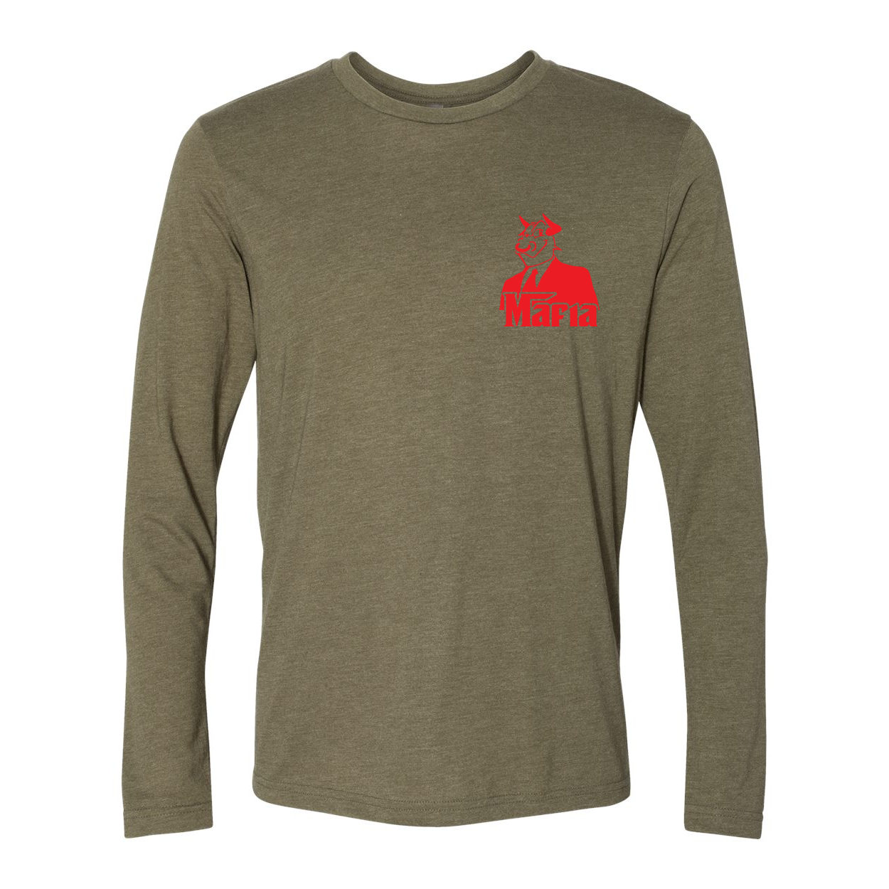 Mafia LS Front Corner/Full Back Red Print long-sleeve shirt featuring a stylish red graphic design on a soft triblend fabric.