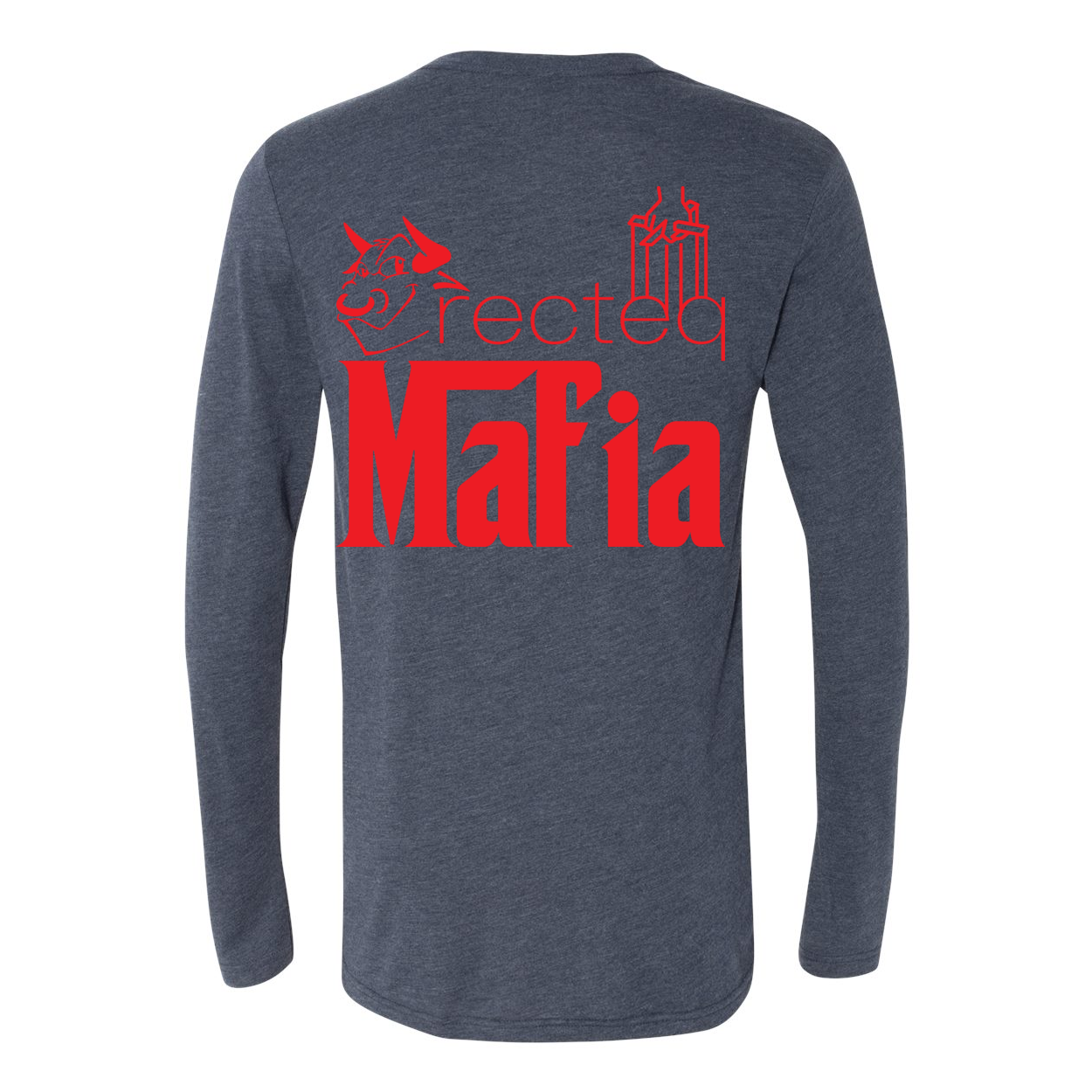 Mafia LS Front Corner/Full Back Red Print long-sleeve shirt featuring a stylish red graphic design on a soft triblend fabric.