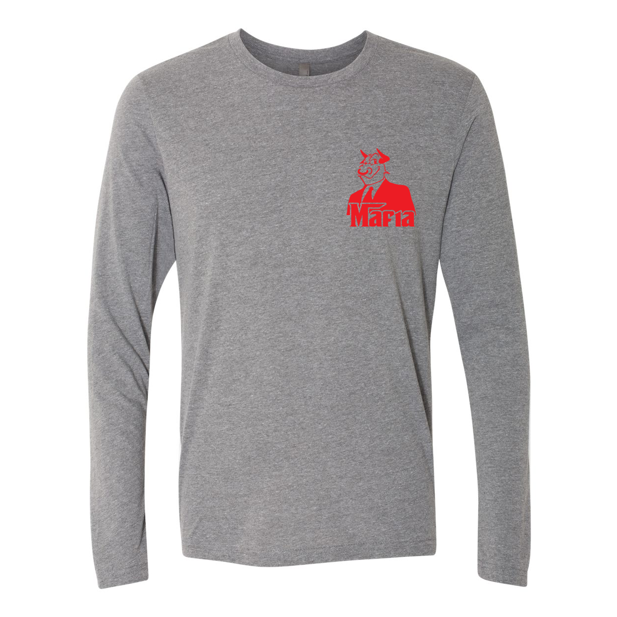 Mafia LS Front Corner/Full Back Red Print long-sleeve shirt featuring a stylish red graphic design on a soft triblend fabric.