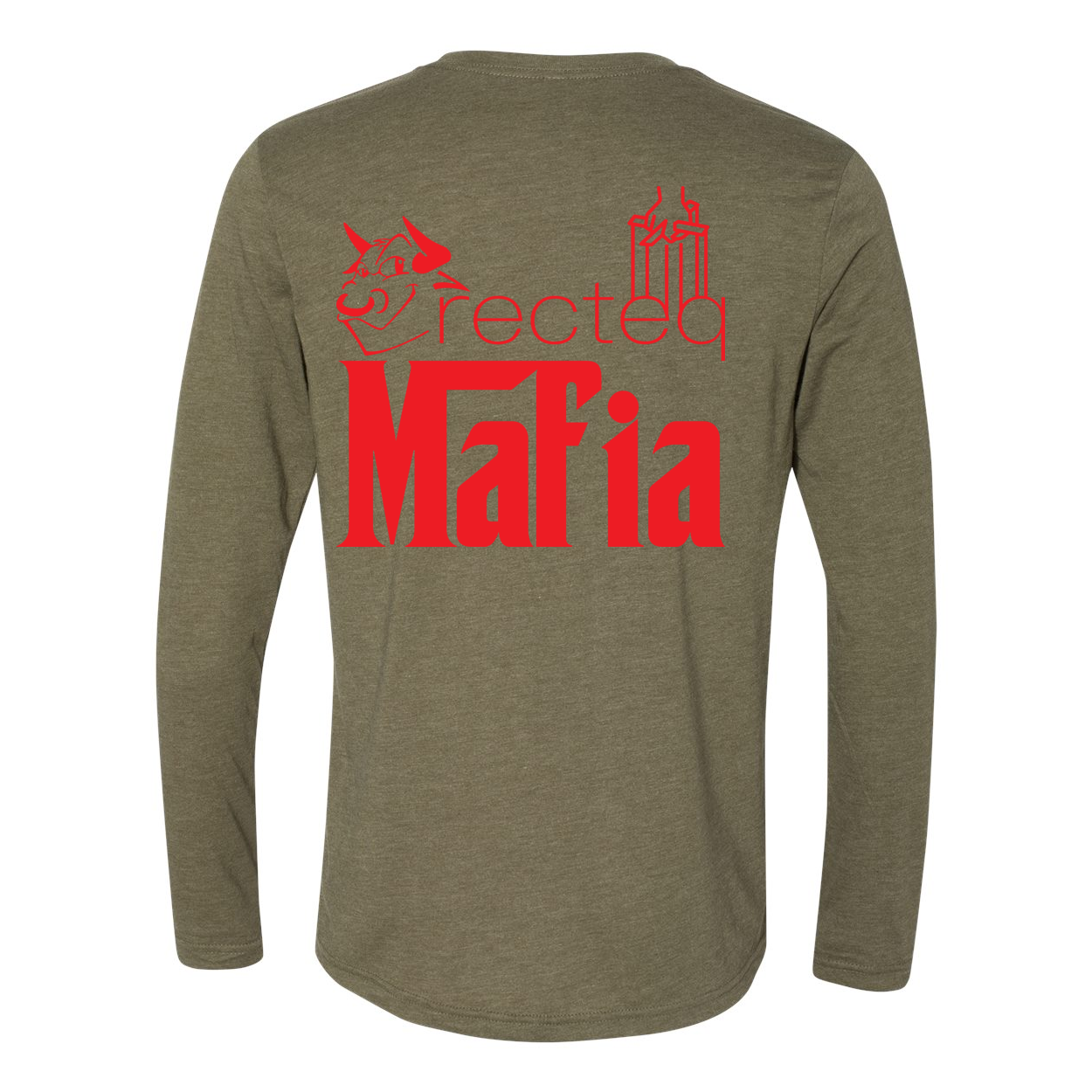 Mafia LS Front Corner/Full Back Red Print long-sleeve shirt featuring a stylish red graphic design on a soft triblend fabric.