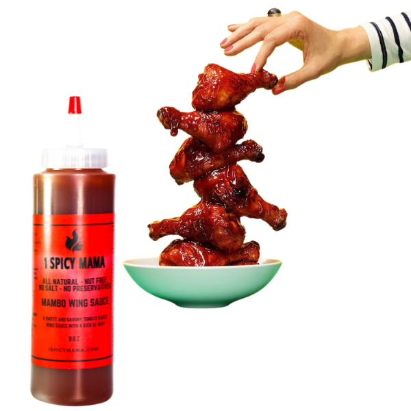 A bottle of Mambo Wing Sauce with a vibrant label showcasing its sweet and tangy flavor, perfect for wings and marinades.