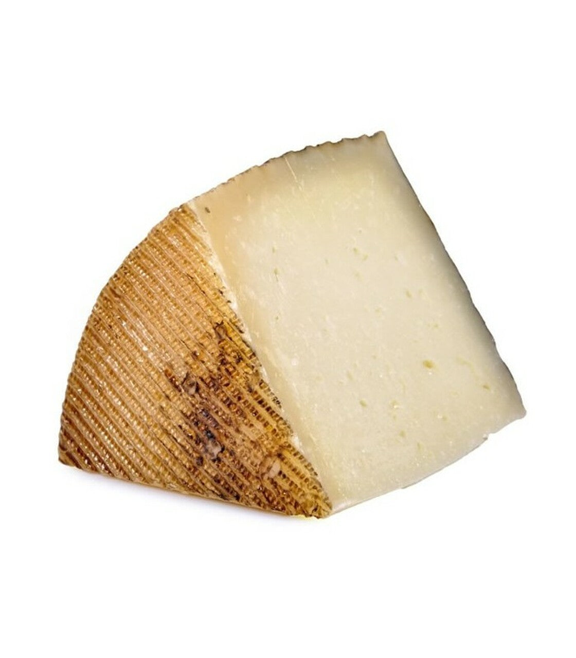 A wedge of Manchego cheese with a zigzag patterned rind, showcasing its creamy texture and straw color.