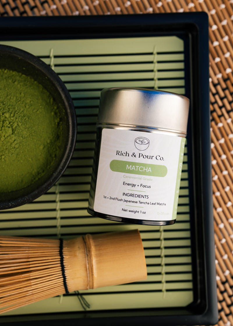 Matcha tea powder and whisk