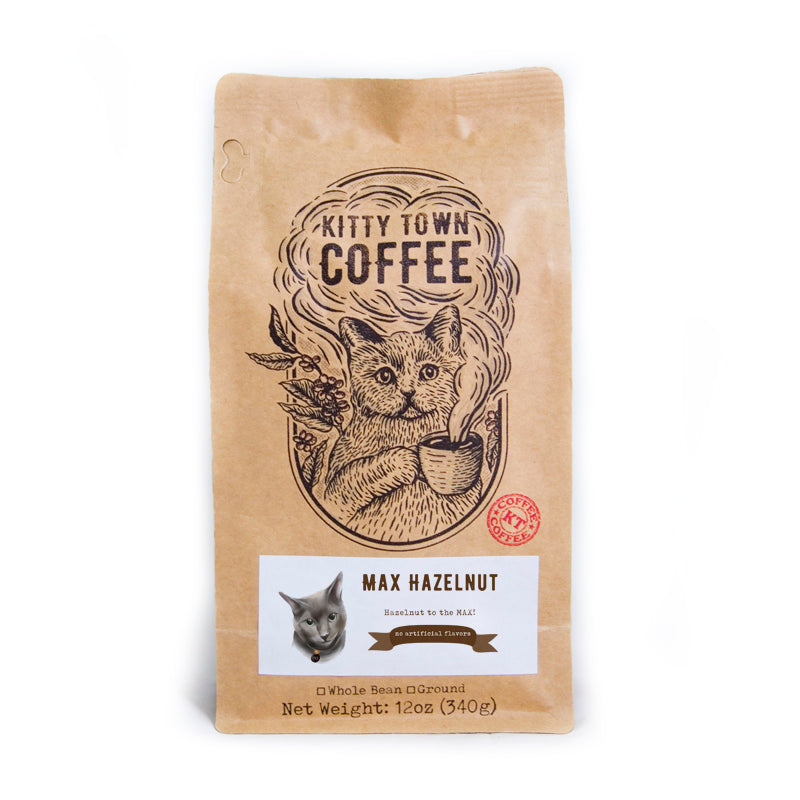 A bag of Max Hazelnut coffee featuring rich hazelnut flavor, perfect for coffee lovers.