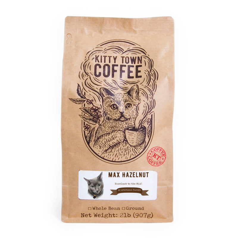 A bag of Max Hazelnut coffee featuring rich hazelnut flavor, perfect for coffee lovers.