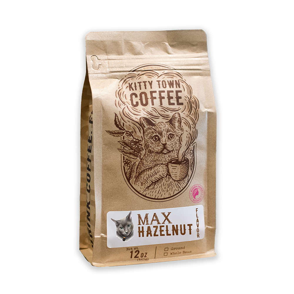 A bag of Max Hazelnut coffee featuring rich hazelnut flavor, perfect for coffee lovers.