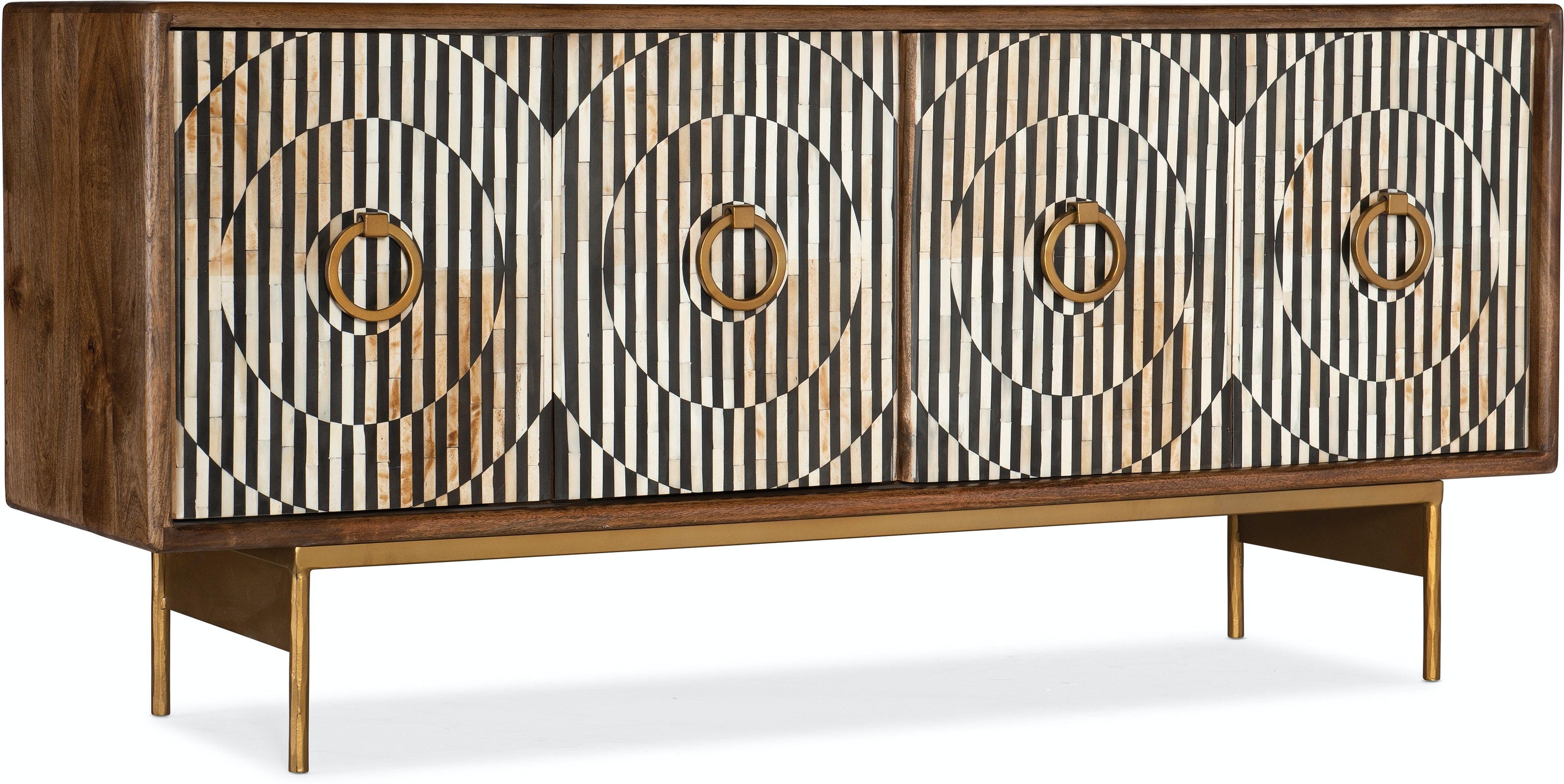 Mélange Russell Credenza featuring vibrant colors, intricate bone inlay, and elegant gold accents.