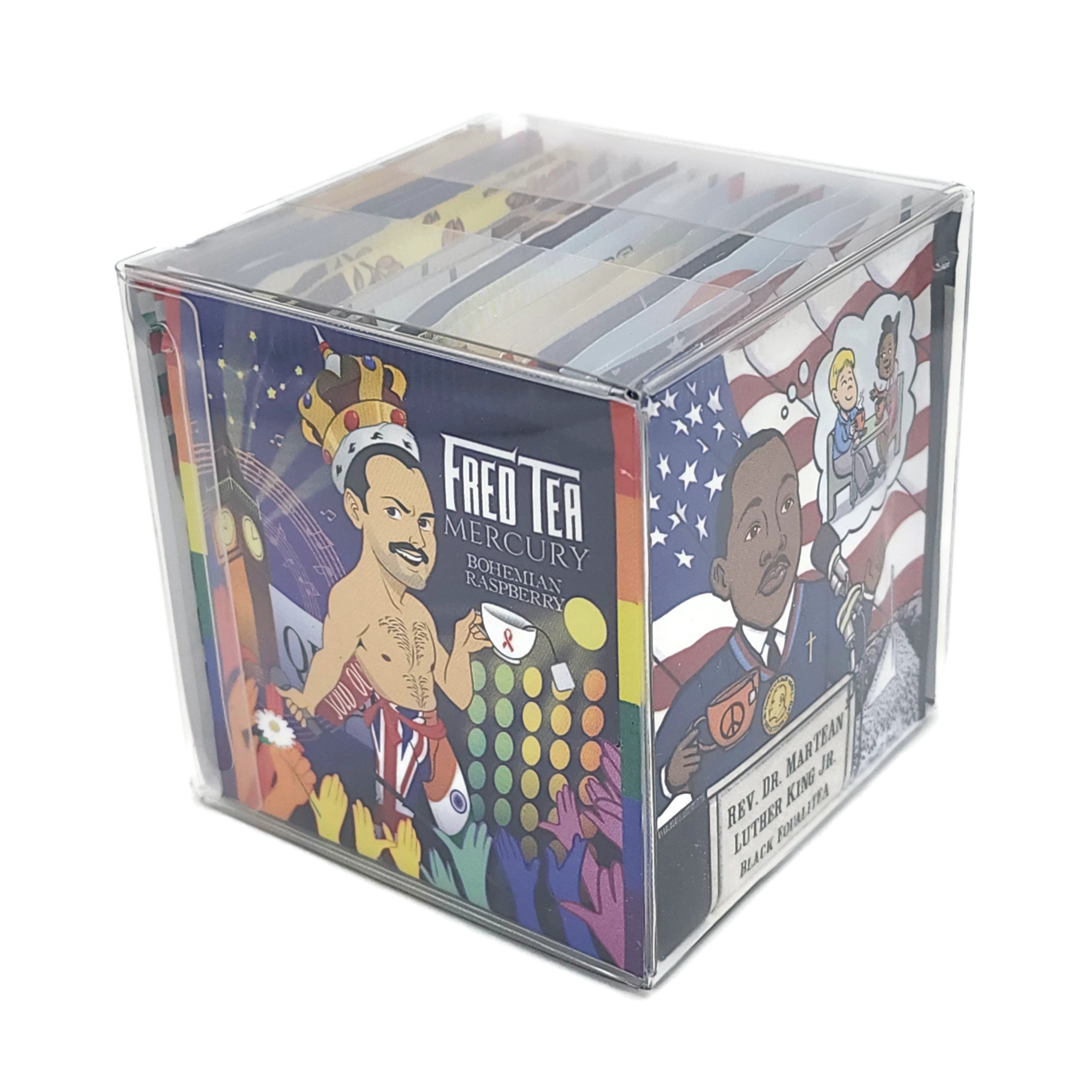 Men of IngenuiTEA Tea Sampler featuring various tea blends inspired by famous innovators, packaged in a stylish gift cube.