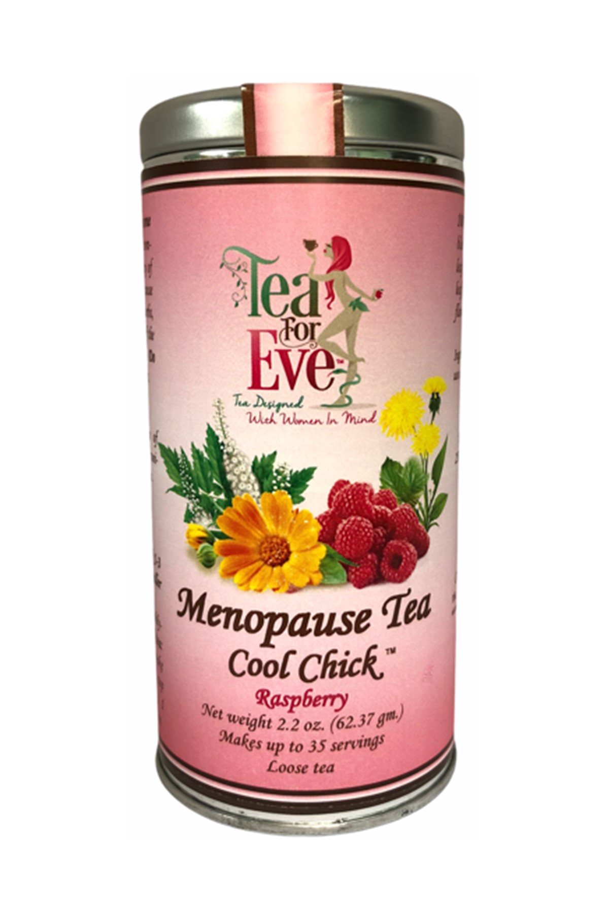 A box of Cool Chick Menopause Tea featuring raspberry flavor, showcasing its herbal blend and packaging design.