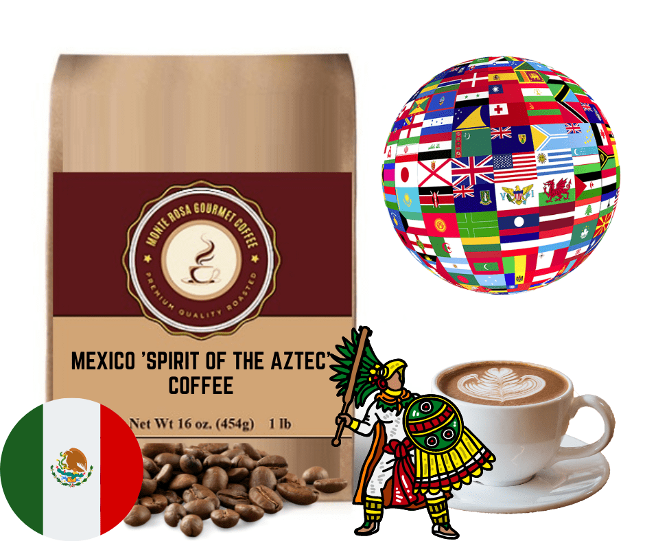 A bag of Mexico 'Spirit of the Aztec' coffee showcasing its rich heritage and high-grown quality, perfect for coffee enthusiasts.