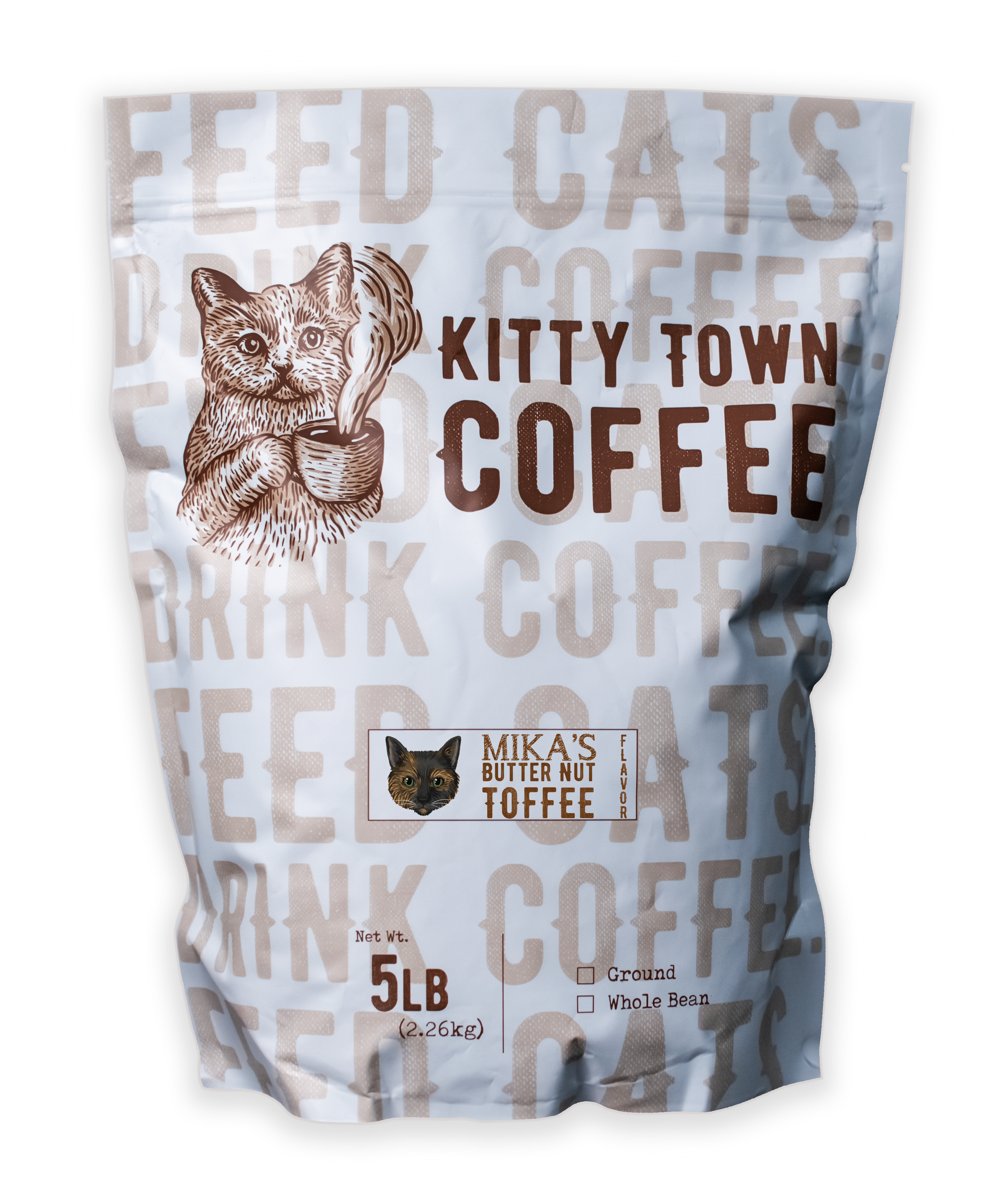 A bag of Mika's Butter Nut Toffee coffee featuring light roast Brazilian beans with a rich toffee flavor.