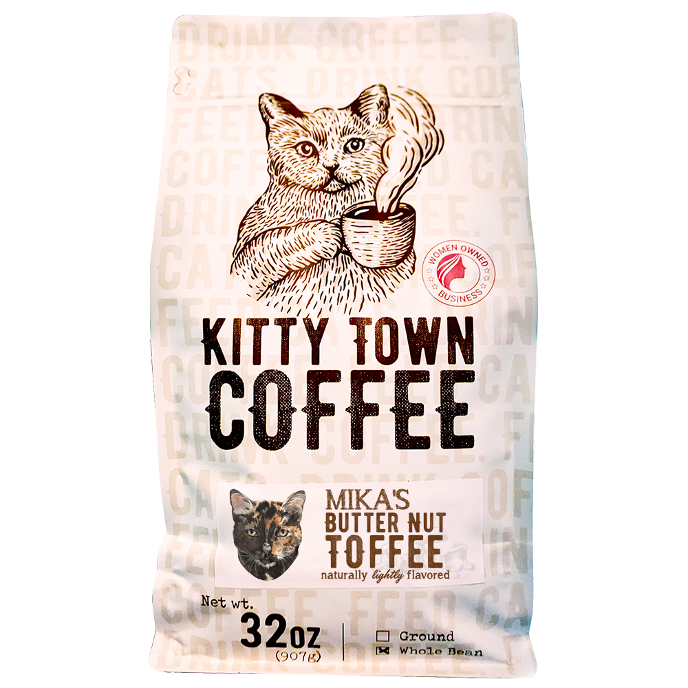 A bag of Mika's Butter Nut Toffee coffee featuring light roast Brazilian beans with a rich toffee flavor.