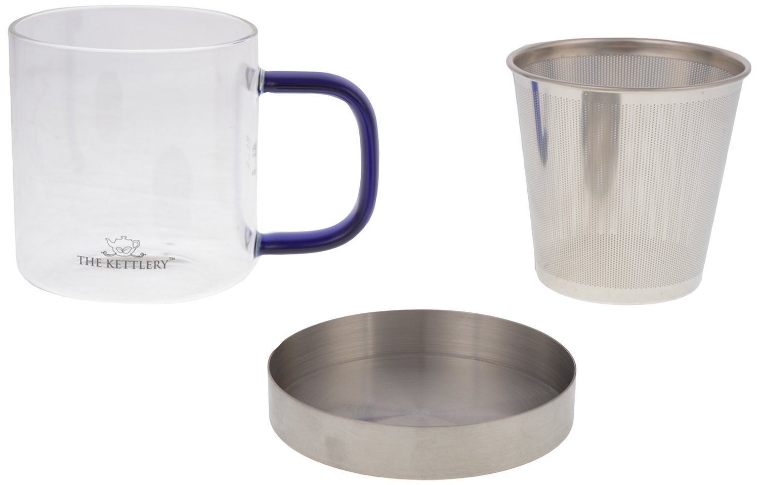 Milano Glass Tea Cup with stainless steel infuser and lid, elegantly designed for loose leaf tea brewing.