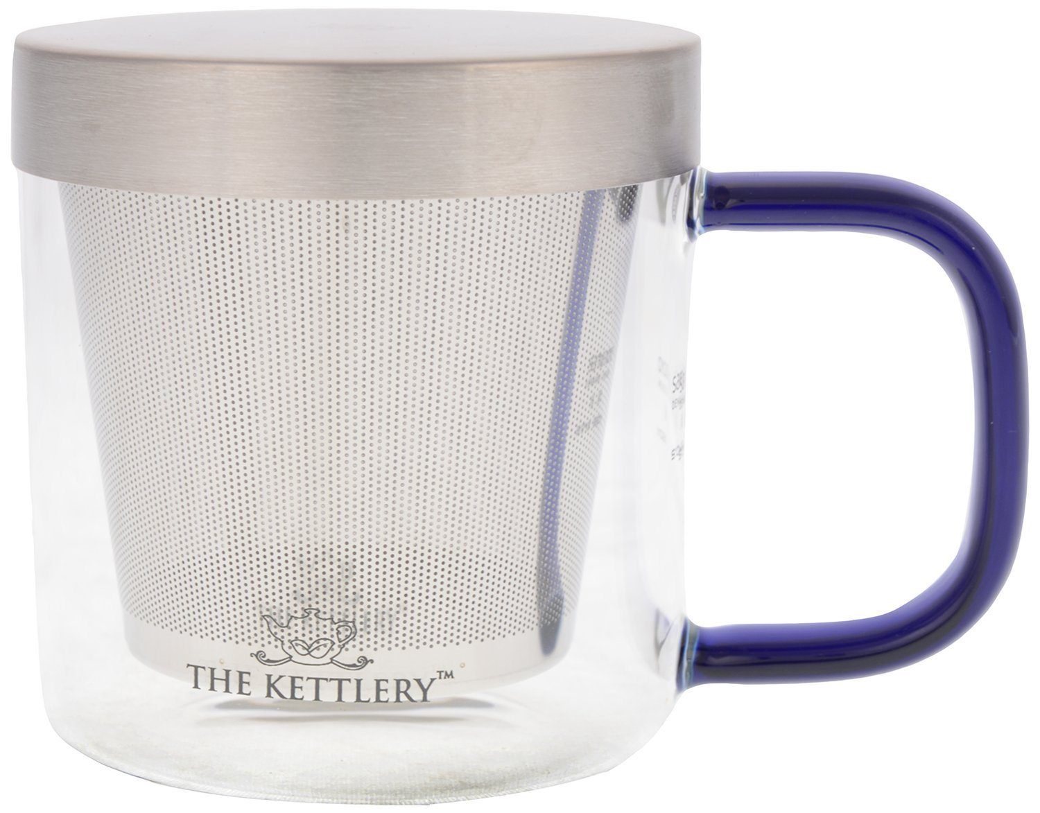 Milano Glass Tea Cup with stainless steel infuser and lid, elegantly designed for loose leaf tea brewing.