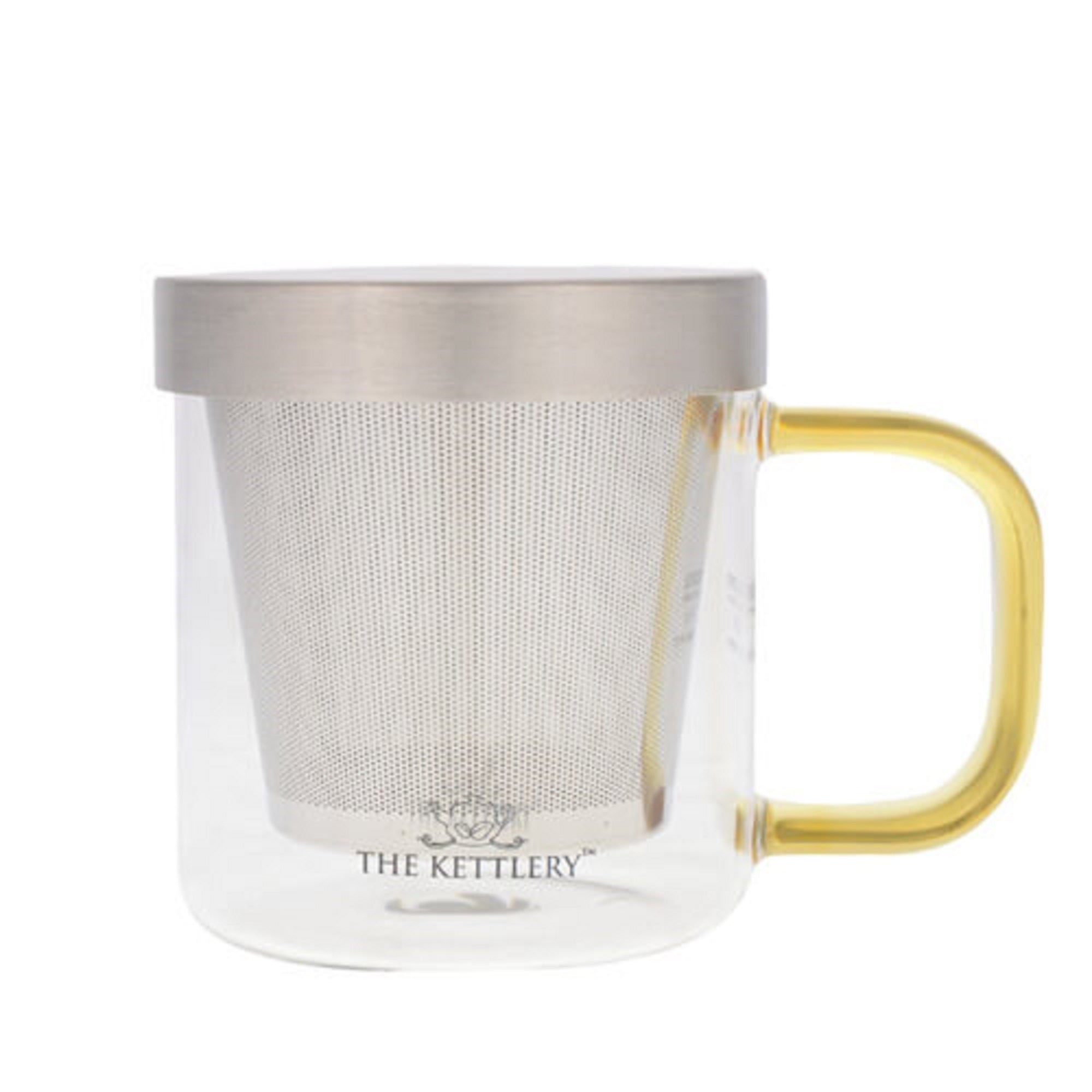 Milano Glass Tea Cup with stainless steel infuser and lid, elegantly designed for loose leaf tea brewing.