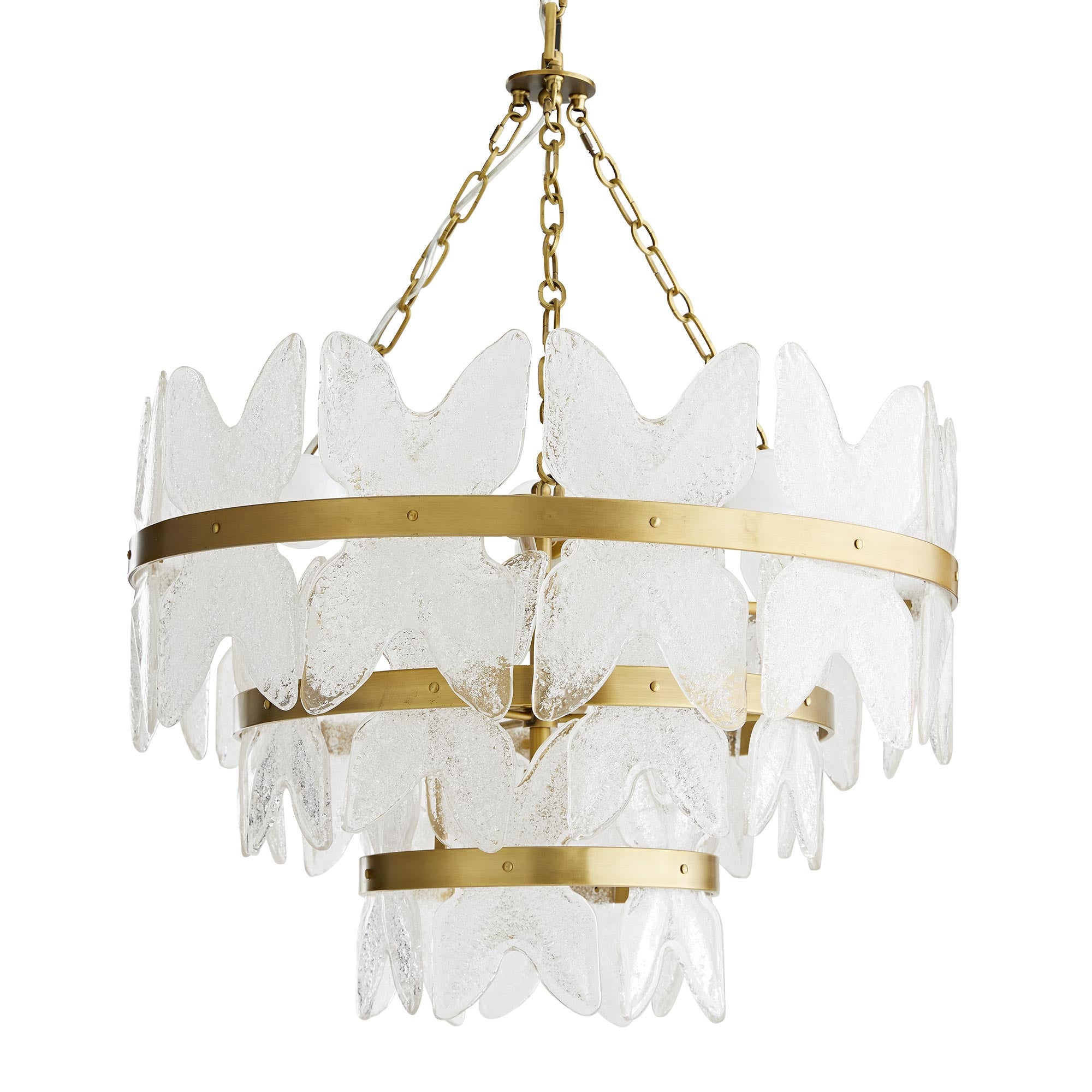 Millie Chandelier featuring seeded glass plates and antique brass hardware, elegantly designed for indoor and covered outdoor spaces.