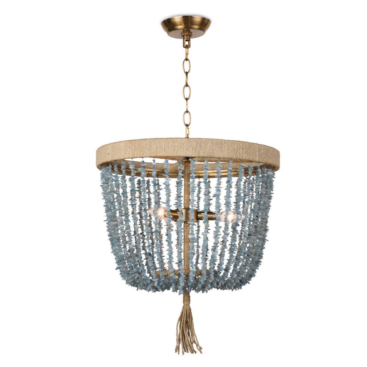 Milos Chandelier in Aqua featuring a rattan-wrapped frame and beaded design, perfect for coastal and farmhouse decor.