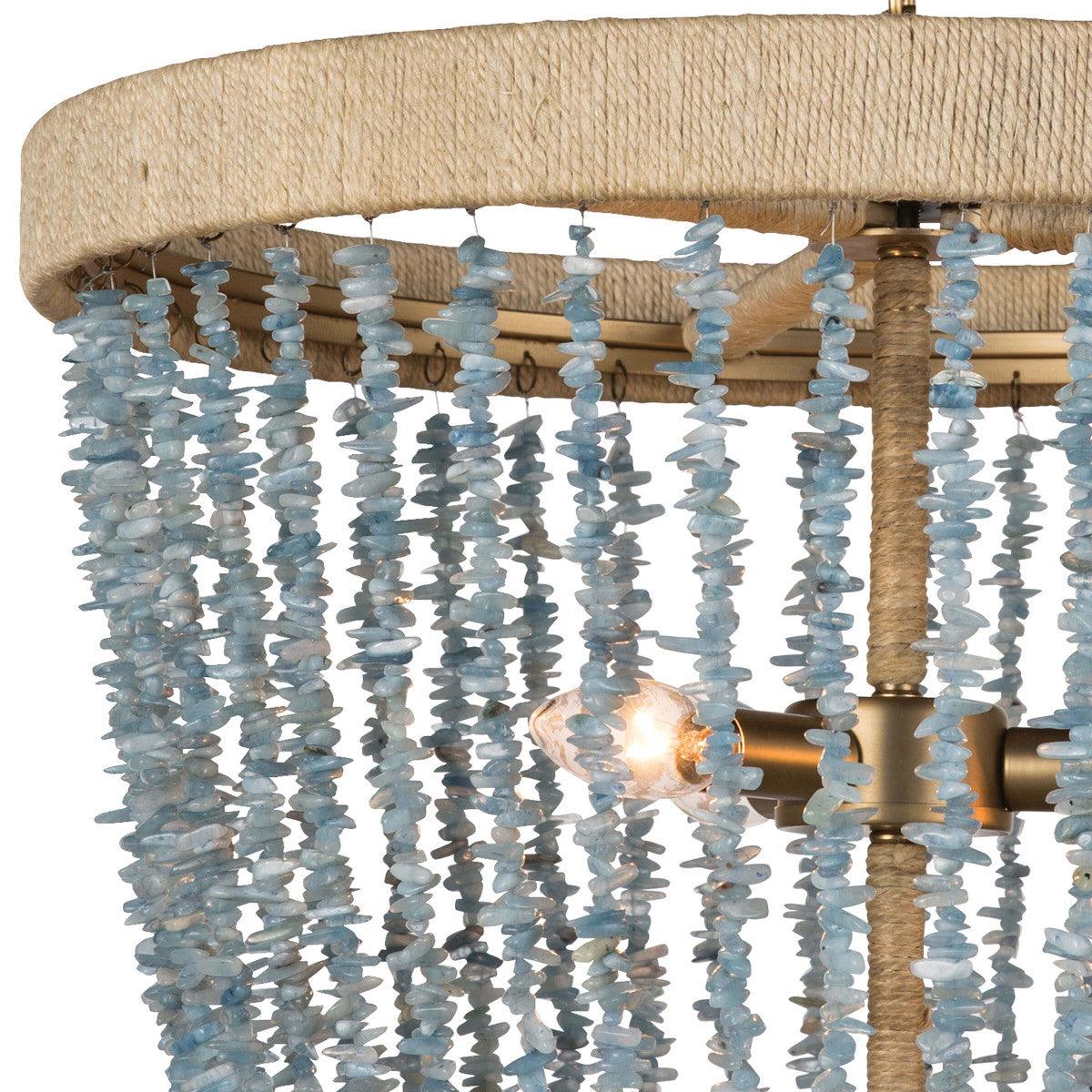 Milos Chandelier in Aqua featuring a rattan-wrapped frame and beaded design, perfect for coastal and farmhouse decor.