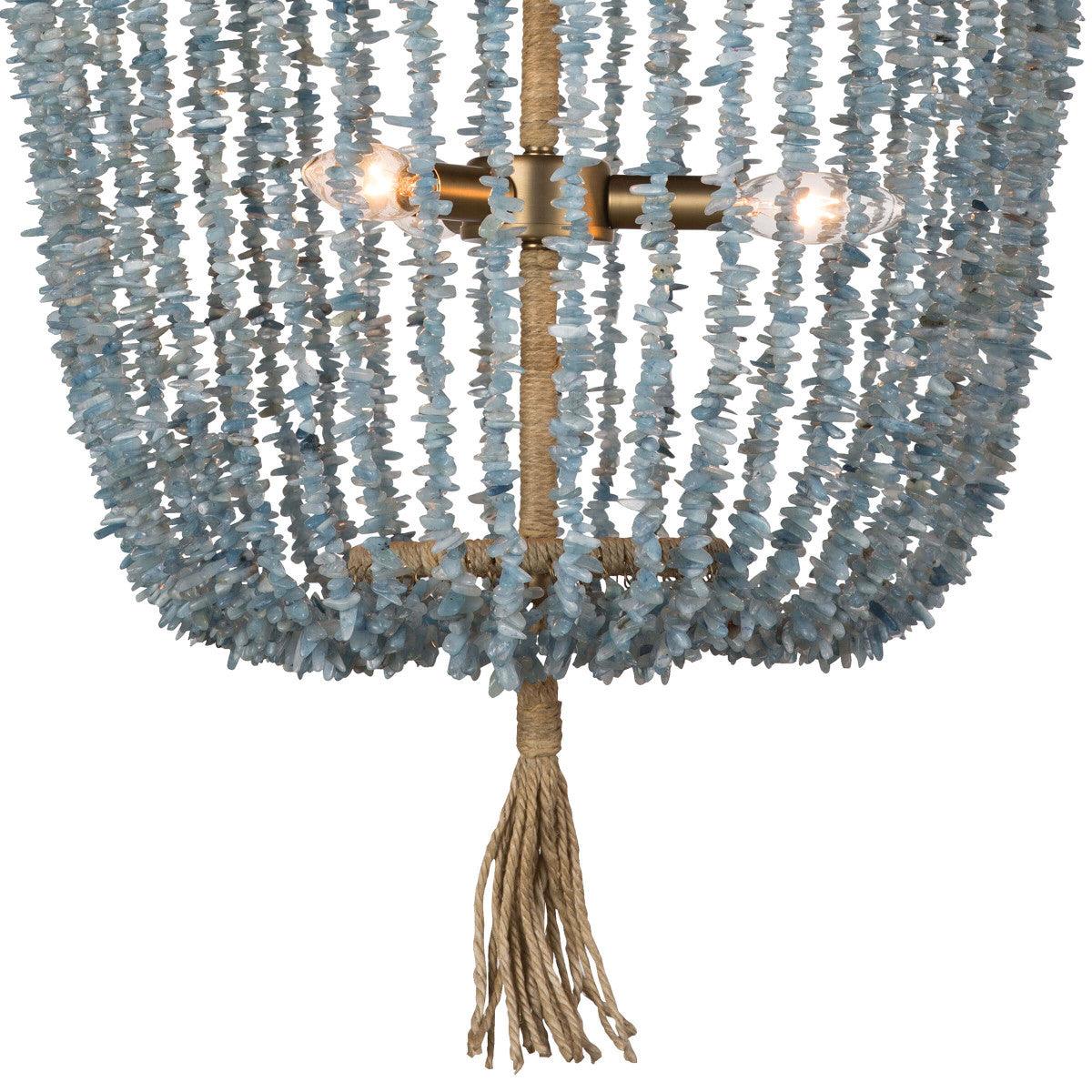 Milos Chandelier in Aqua featuring a rattan-wrapped frame and beaded design, perfect for coastal and farmhouse decor.