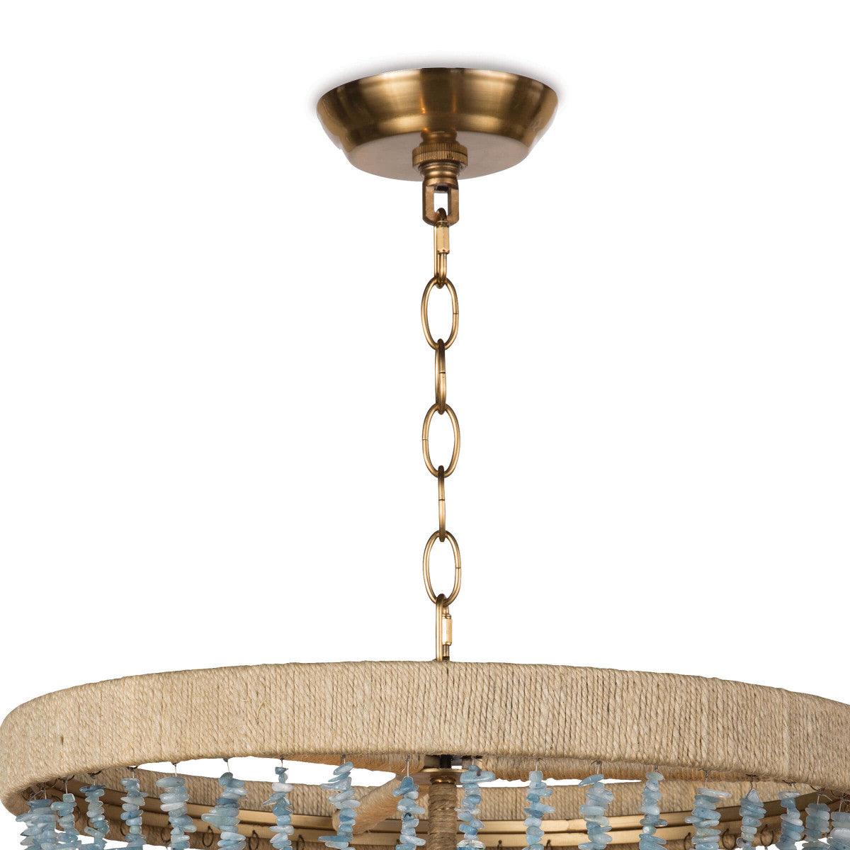 Milos Chandelier in Aqua featuring a rattan-wrapped frame and beaded design, perfect for coastal and farmhouse decor.