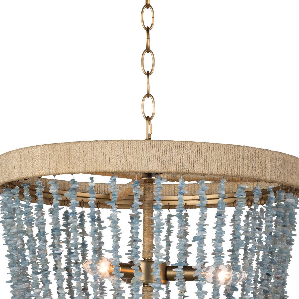 Milos Chandelier in Aqua featuring a rattan-wrapped frame and beaded design, perfect for coastal and farmhouse decor.