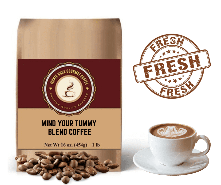 A bag of Mind Your Tummy Blend Coffee featuring low acid gourmet coffee made from 100% Arabica beans, showcasing its rich flavor and quality.