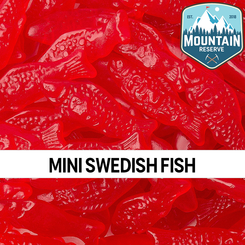 A 6oz container of Mini Swedish Fish candy, featuring colorful fish-shaped gummies.