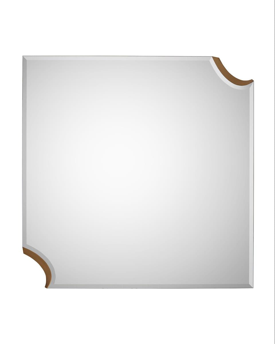 A modern square mirror with two corners cut out, featuring a luxurious gold finish, designed for portrait or landscape orientation.