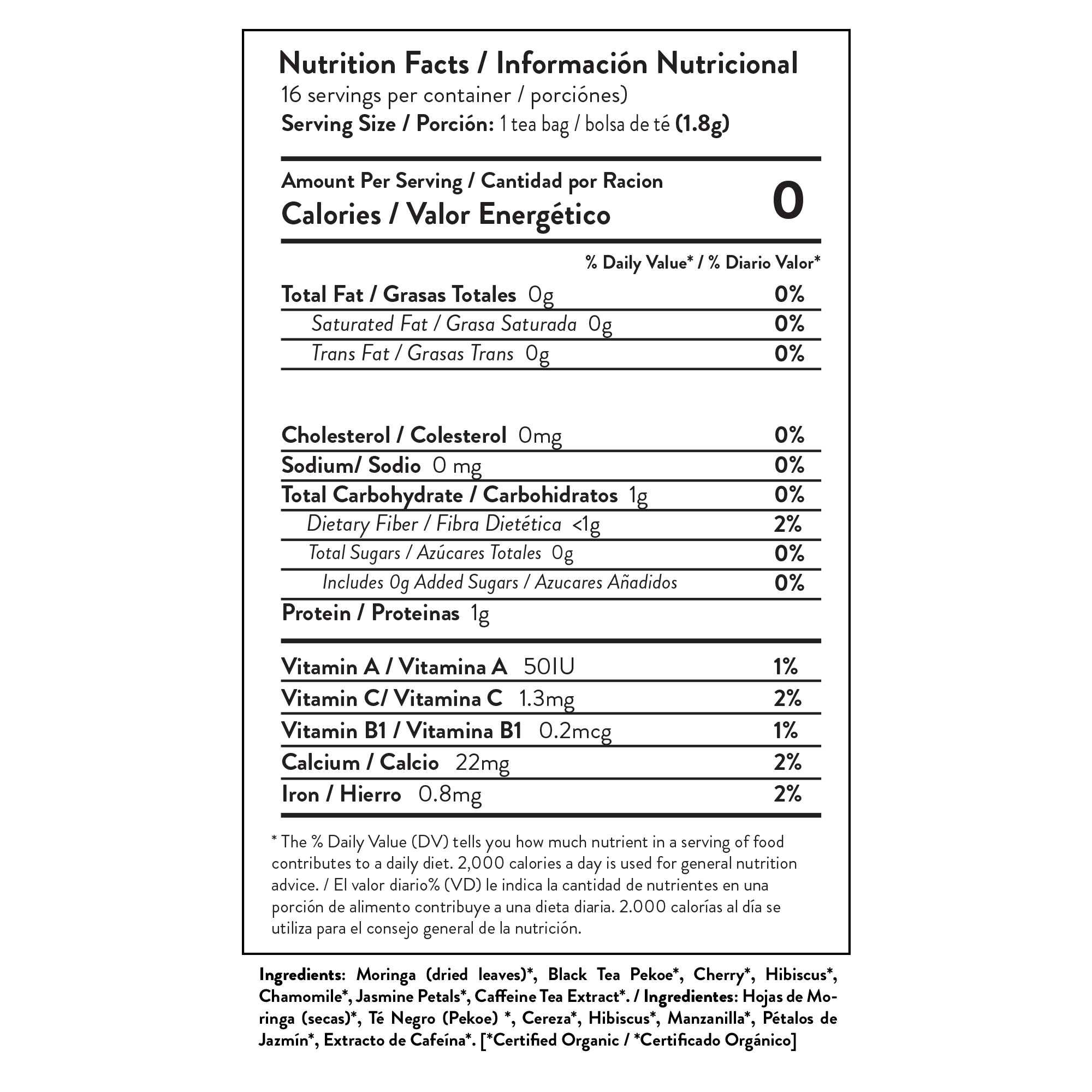 Nutrition facts label for tea