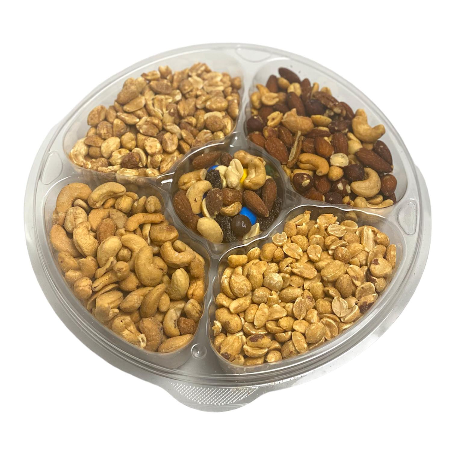 A beautifully arranged Mixed Nuts Tray featuring dry roasted peanuts, honey roasted peanuts, dill peanuts, salt and pepper peanuts, and whole cashews.