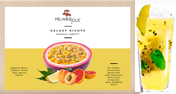 Mélange Jolie Galaxy Nights Cocktail SipKit™ featuring ingredients and tools for cocktail preparation.