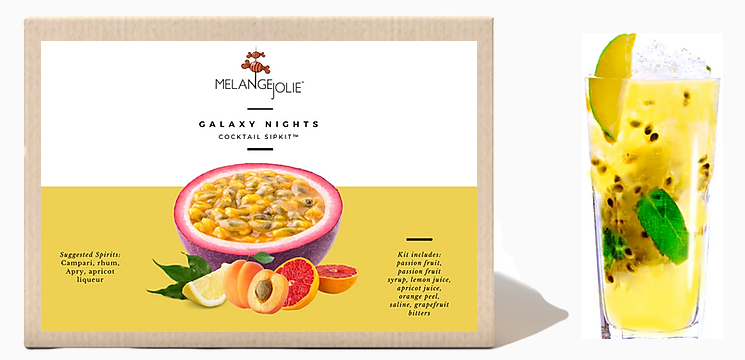 Mélange Jolie Galaxy Nights Cocktail SipKit™ featuring ingredients and tools for cocktail preparation.