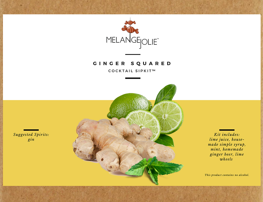 Mélange Jolie Ginger Squared Cocktail SipKit™ featuring ingredients and tools for cocktail making.