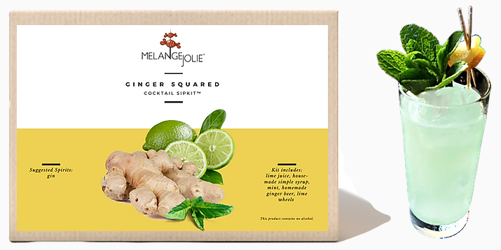 Mélange Jolie Ginger Squared Cocktail SipKit™ featuring ingredients and tools for cocktail making.