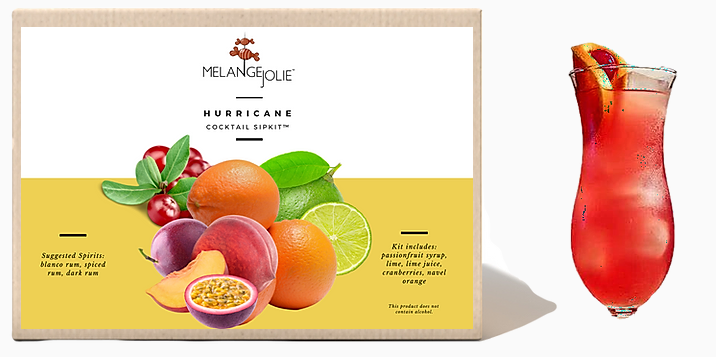 Mélange Jolie Hurricane Cocktail SipKit™ with ingredients and glass for cocktail preparation.